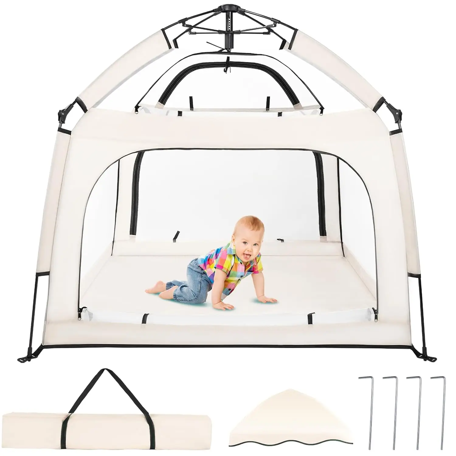 

Portable Baby Playpen with Canopy, Infant Play Yard, Beach Tent, Mosquito Net for Indoor Outdoor (Beige)