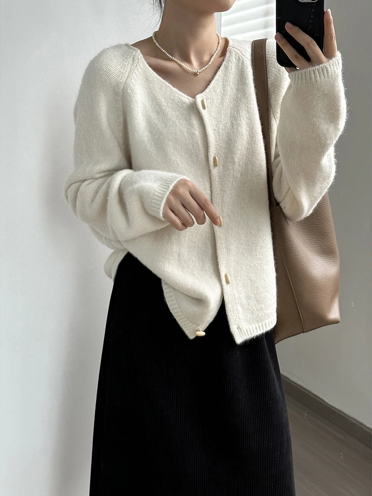 [LANMREM] Minimalism Cardigan Sweater For Women Round Neck Single Breasted Office Lady Knitting Coats 2024 Autumn New 26C781