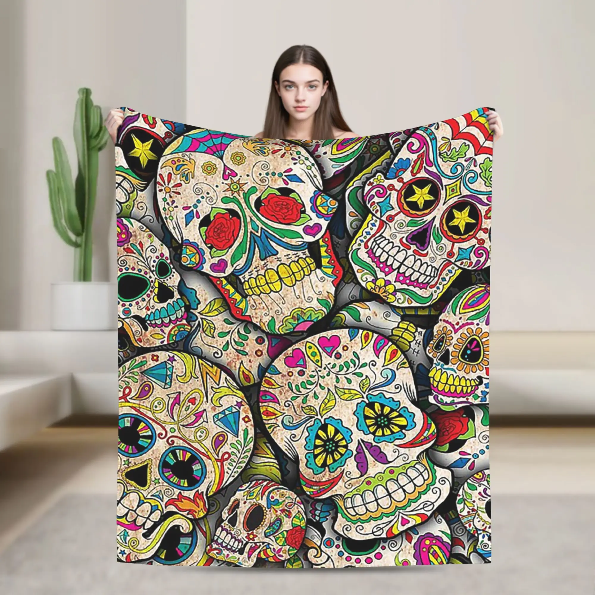 Sugar Skull Collage Blankets Ethnic Carnival Folkloric Plush Funny Breathable Throw Blankets for Home Restaurant  Winter