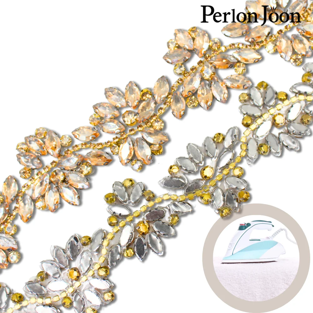 1Yard Hot Fix Cristal Flower Gold Iron On Rhinestone Applique Garment Dresses Bridal Headbands Bag Decoration Accessorie TR170