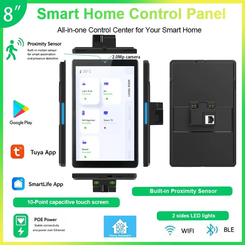 Wall Mounted 8-Inch Smart Home Control  Proximity Sensor  Android 14 POE Tablet WiFi Bluetooth RJ45 RS485