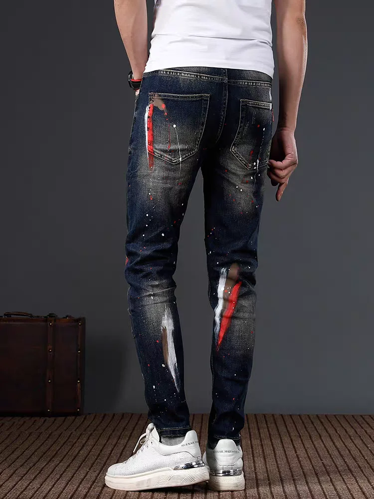 Pantaloni casual da uomo slim fit elastici pesanti di fascia alta fiti Paint Splitting Jeans denim autunno inverno di marca alla moda