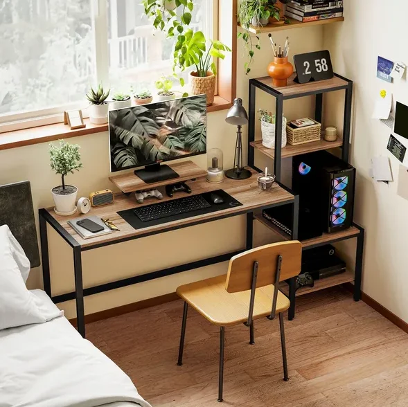 

HOMCOM 67" PC Desk, Rectangle CPU Desk with Monitor Stand, Shelves, Adjustable Foot Pads, Brown