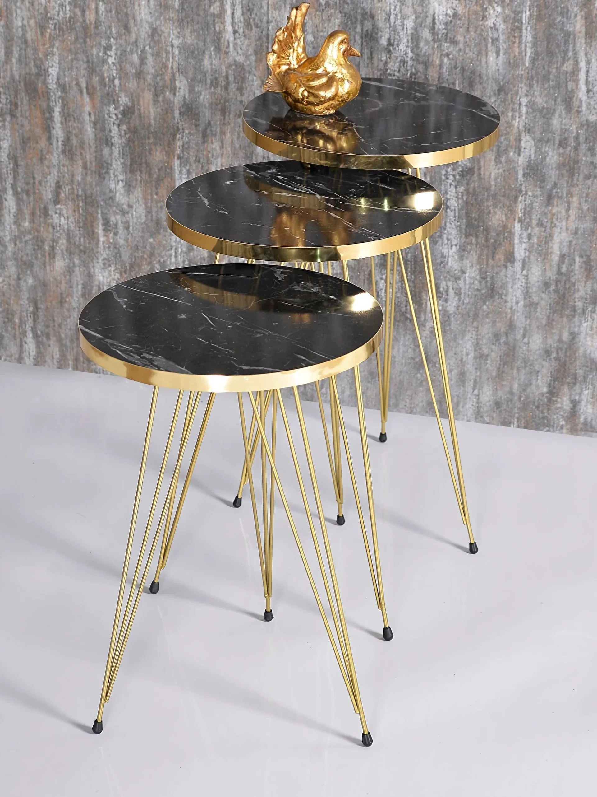 GOLDFALEZ 3 PCs Zigon Tea Coffee Table And Medium Sofa Set Gold Metal Flip Multi-Purpose Use Quality Material Black Marble