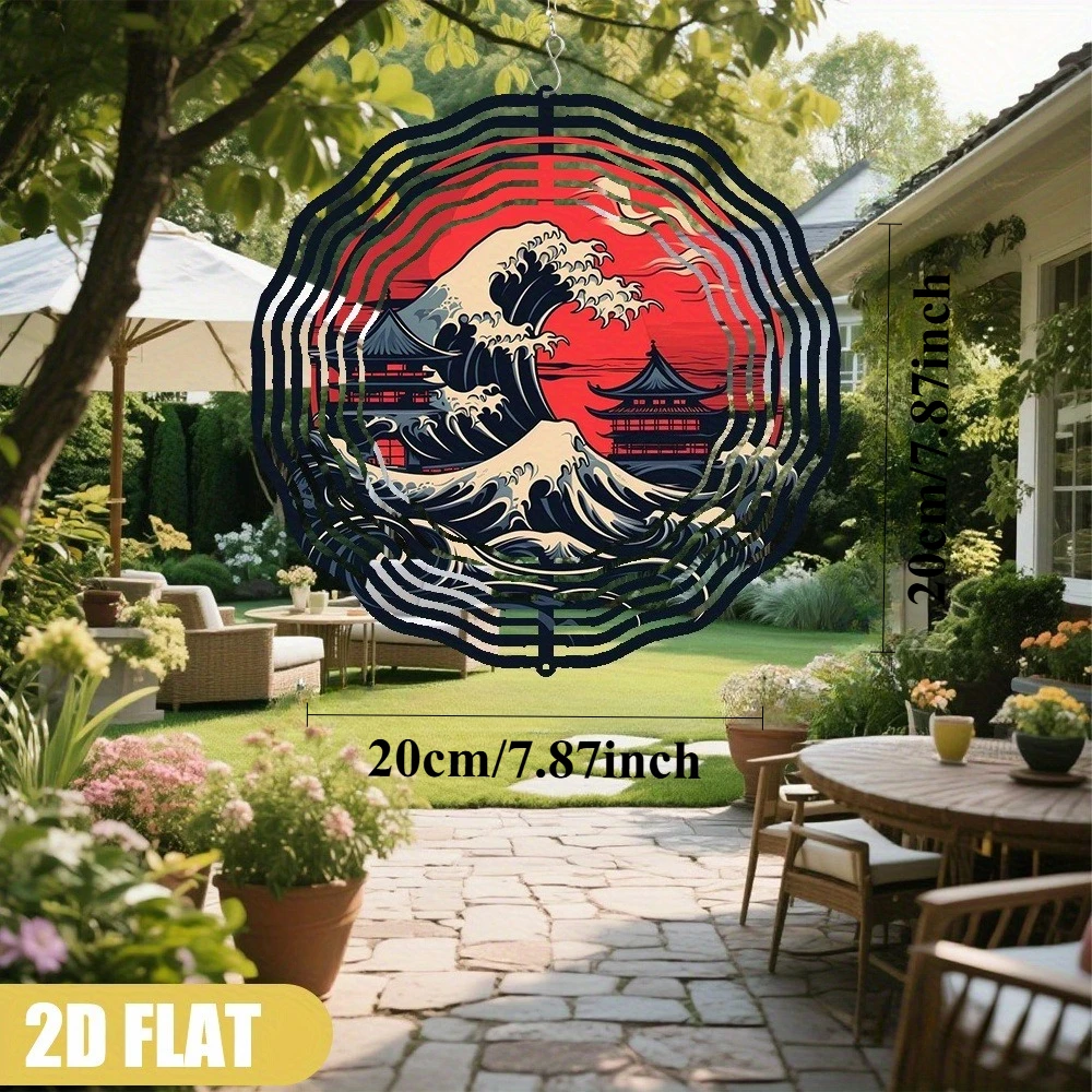 1pc 2D Flat Japanese Wave And Sunlight Wind Chime Set Metal Wind Chime With Rotating Hook, 360° Design For Indoor/Outdoor Use