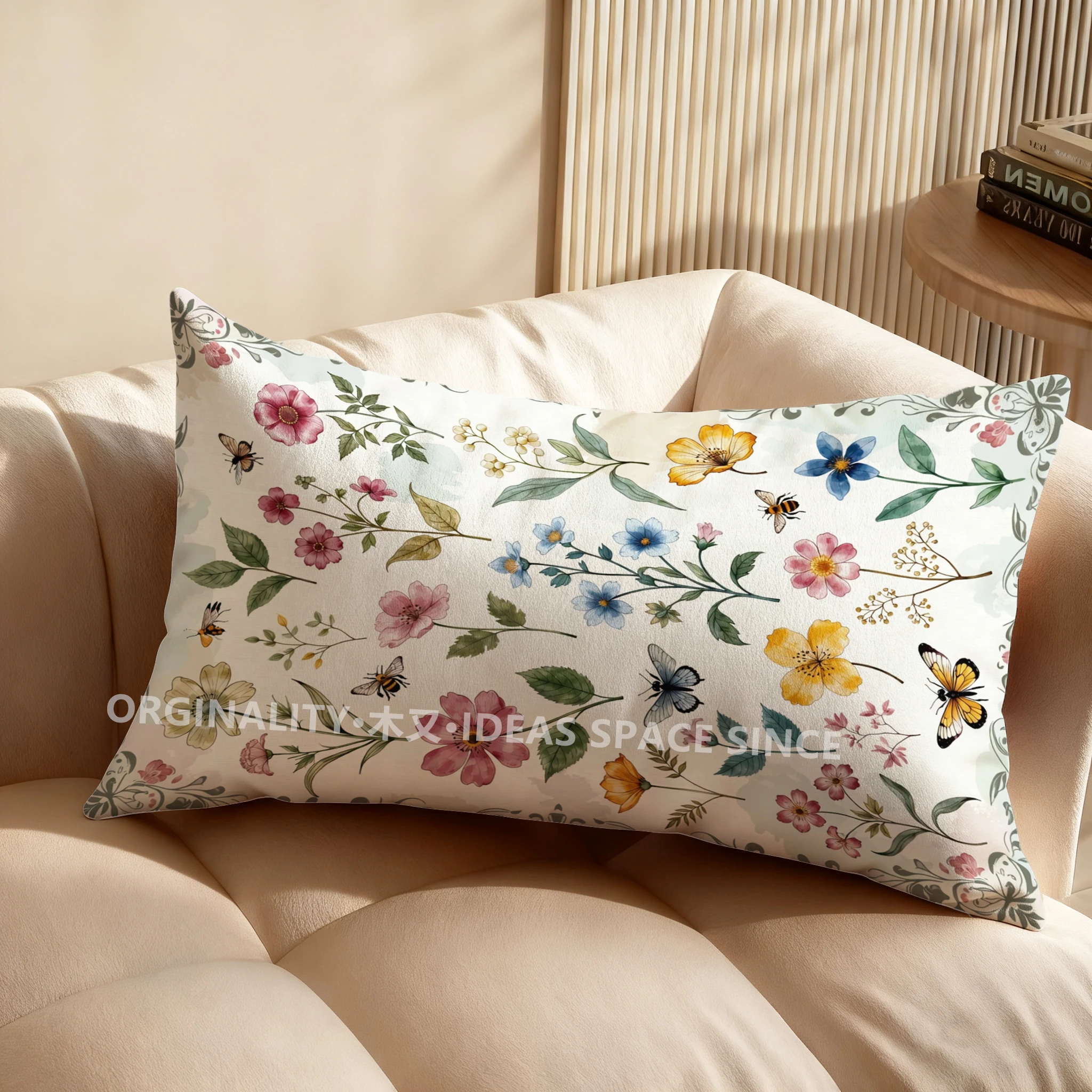 Floral Bee & Butterfly Pillowcase Suitable For Sofa Bedroom Car Pillow Cover Cushion Rectangular Back Cushion