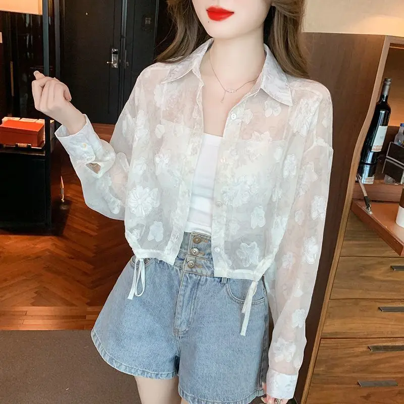 Women Summer Korean Loose Fashion Sunscreen Thin Long Sleeve Chiffon Shirts Women Clothes Casual All-match Appear Thin Sexy Tops