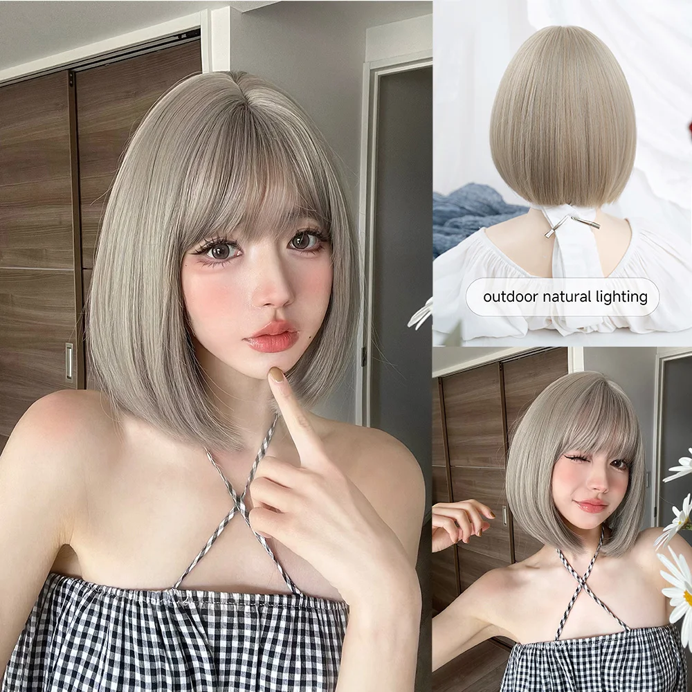 12Inch Gridelin Color Synthetic Lolita Wig With Bang Medium Natural Straight Hair Wig for Women Daily Cosplay Heat Resistant