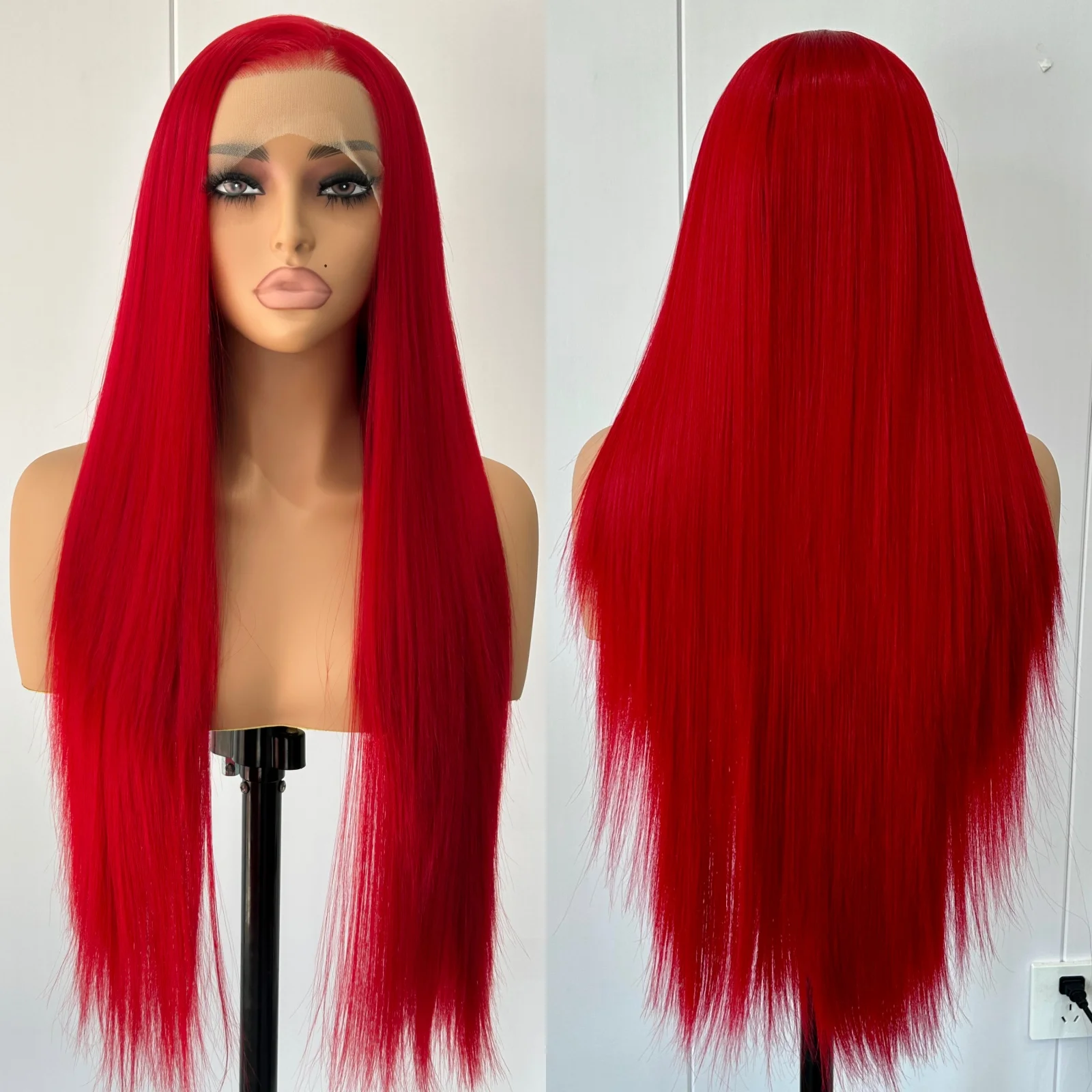 13X4 Wig merah Burgundy panjang lurus sintetis renda depan Wig rambut warna anggur gelap renda Wig Frontal untuk wanita pesta Cosplay