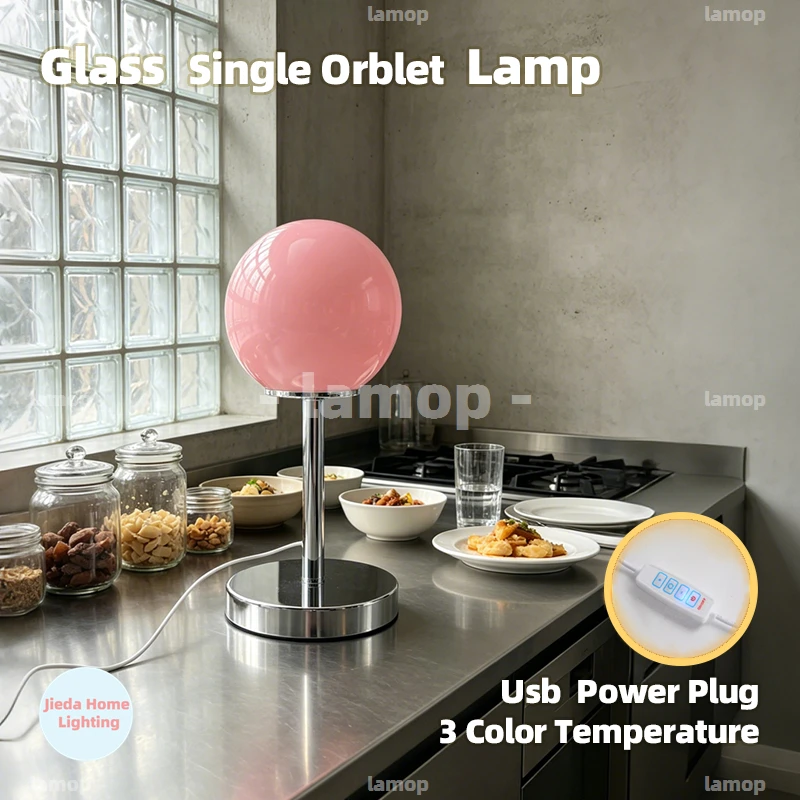 Murano Glass Single Orblet Solid Sphere Table Lamp Chrome Thin Stem Base 3 Tone Soft Light Industrial Wabi Sabi Kitchen Counter