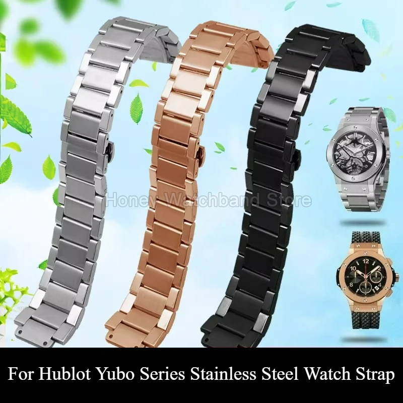 Black Silver Rose Steel Watch Strap for Hublot Yubo Series Folding Buckle Anti Rust High Strength Comfortable-Wearing Bracelet