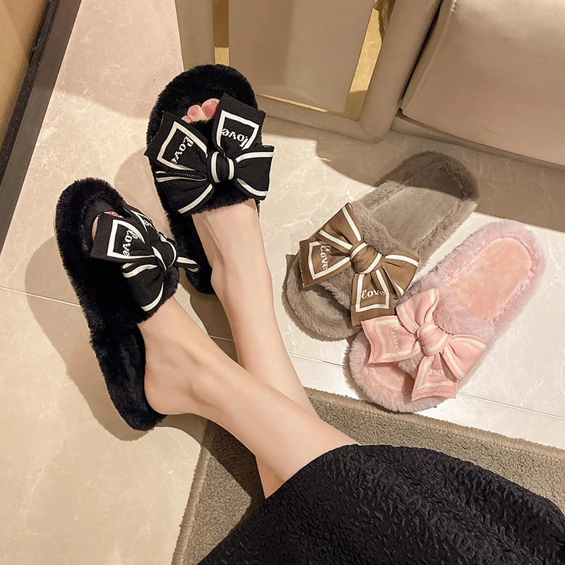 Casual Fluffy Slippers Women House Flats Fashion Winter Bowknot Love Designer Shoes Ladies Home Plush Platform Elegant Footwear