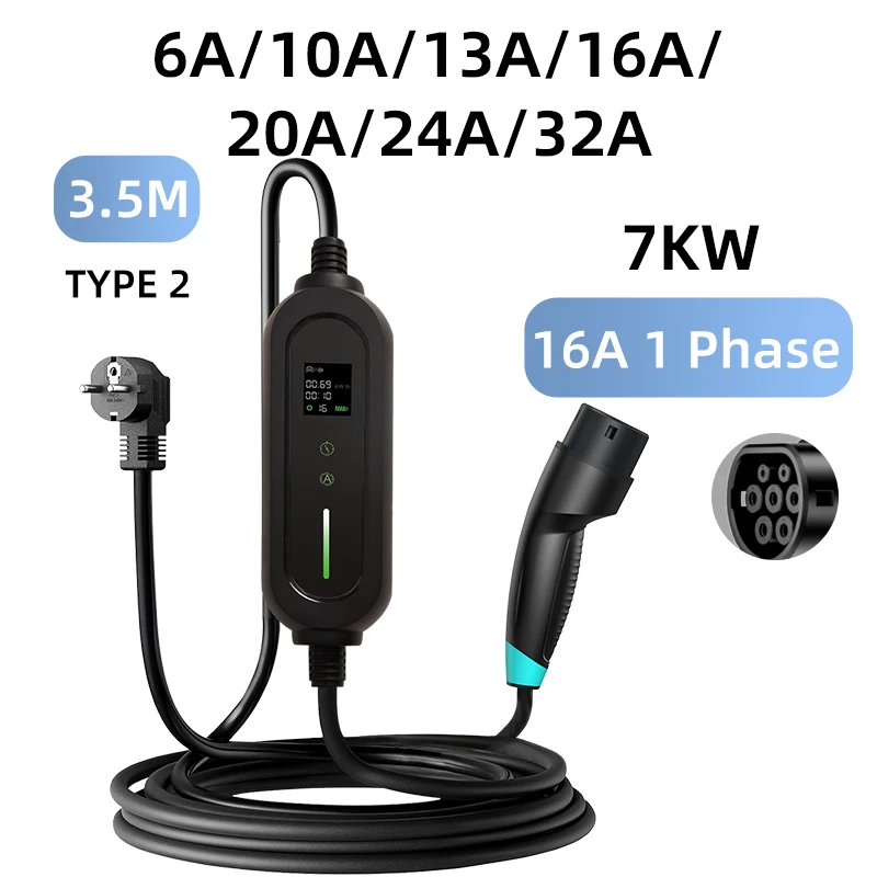 EVSELink EV-oplader Type2 3,5 kW 16A 1-fase draagbaar opladen 7 kW Wallbox-laadstation 3,5 m 5 m kabel voor elektrisch voertuig