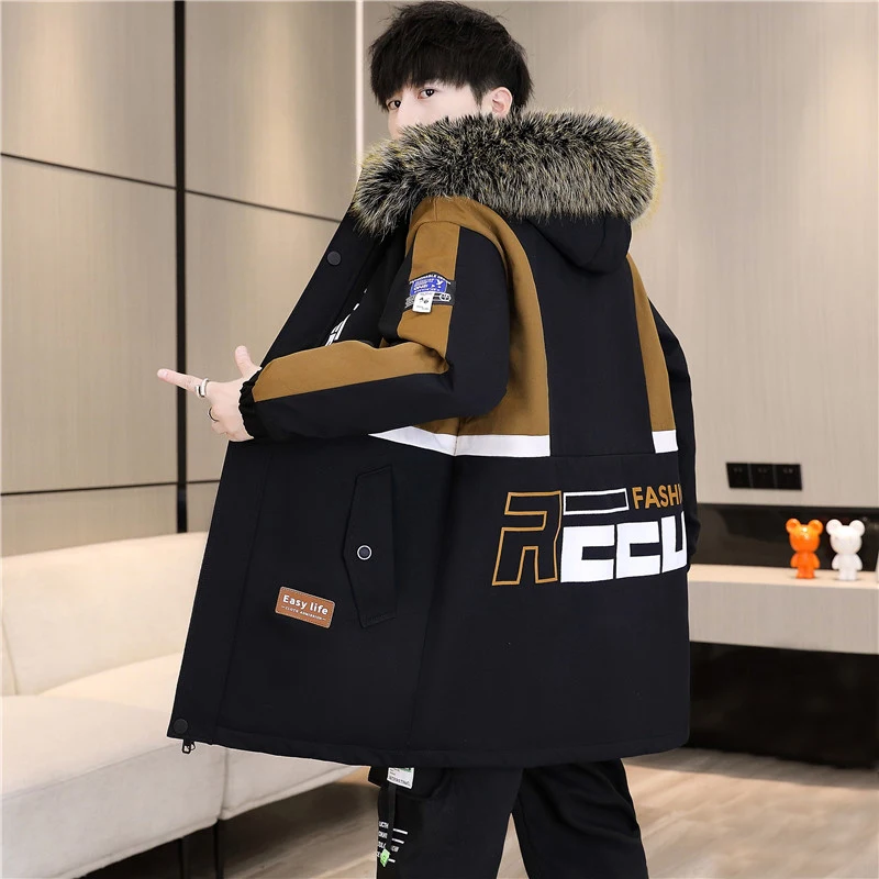 Fashion 2025 Winter Men's Warm Mid-Length Hooded Fleece Jackets Outwear Thicken Plush Coats Youth Windproof Top Parkas Clothing