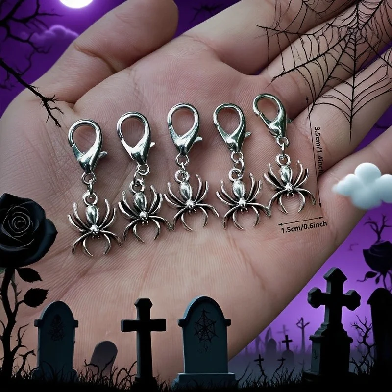 5Pcs Gothic Spider Shoes Charm Silver Metal Lobster Buckle Pendant, Punk Halloween Lace Decoration
