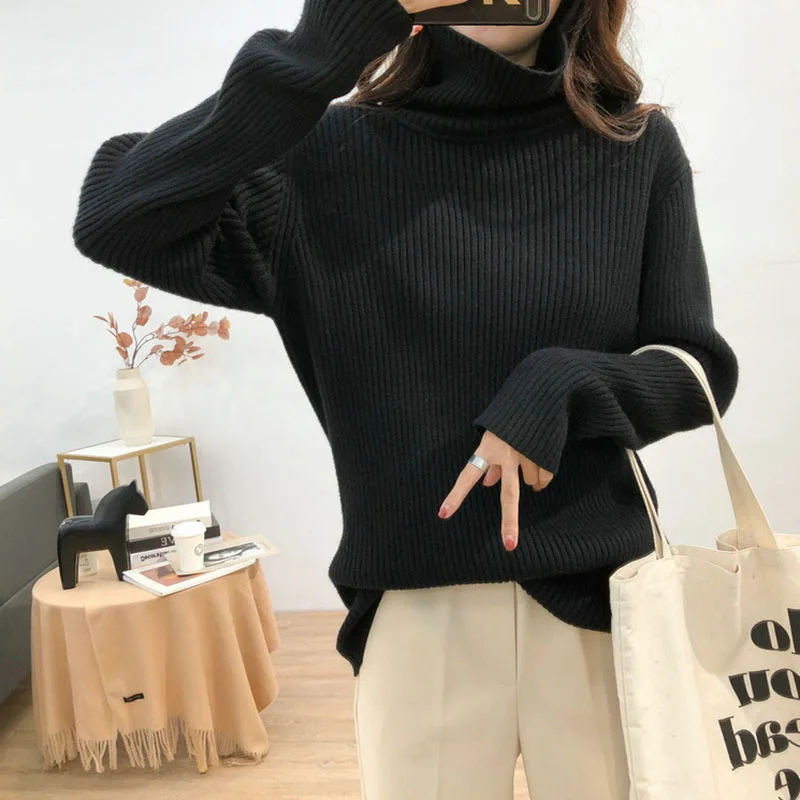 Frauen Einfarbig High Neck Pullover Herbst Winter Mode Einfache Gestrickte Top Koreanische Beiläufige Lose Grundlegende Pullover Tops