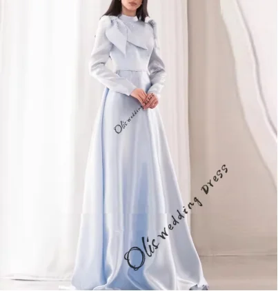 

customized Modest Elegant Light Blue Evening Dresses Arabic Women High Neck Long Sleeves Beads Bow Satin Prom Gown