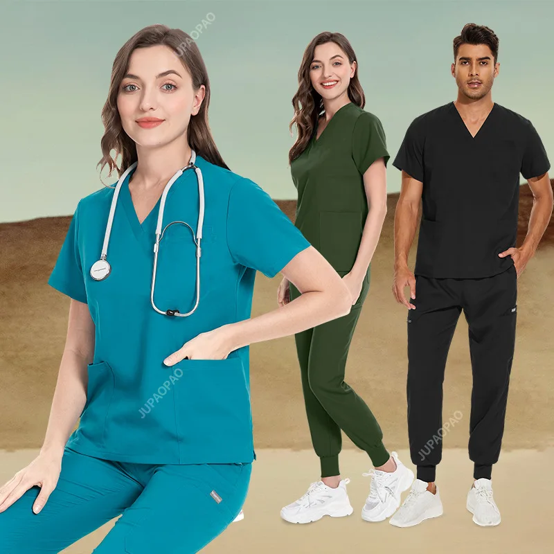 Multicolour Jogger Suits Doctor Nursing Uniforms Short Sleeve V-neck Tops Pocket Pants Nurse Scrubs Set Medical Clinical Clothes