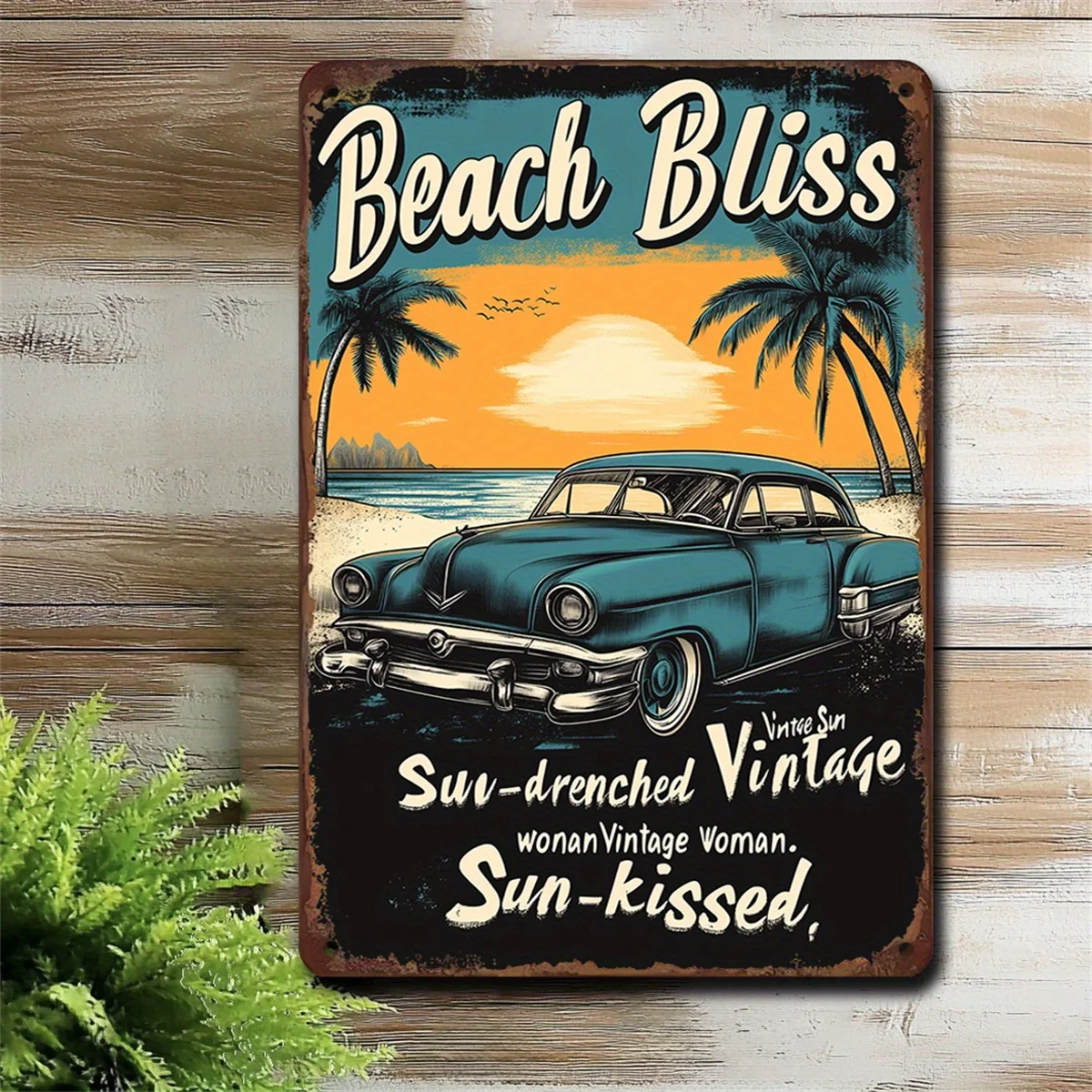 Beach Bliss Vintage Metal Iron Sign - Vintage Sunset Palm Design, Iron Wall Art for Garage, Bar, Home Decor, Measures 8x12 Inch