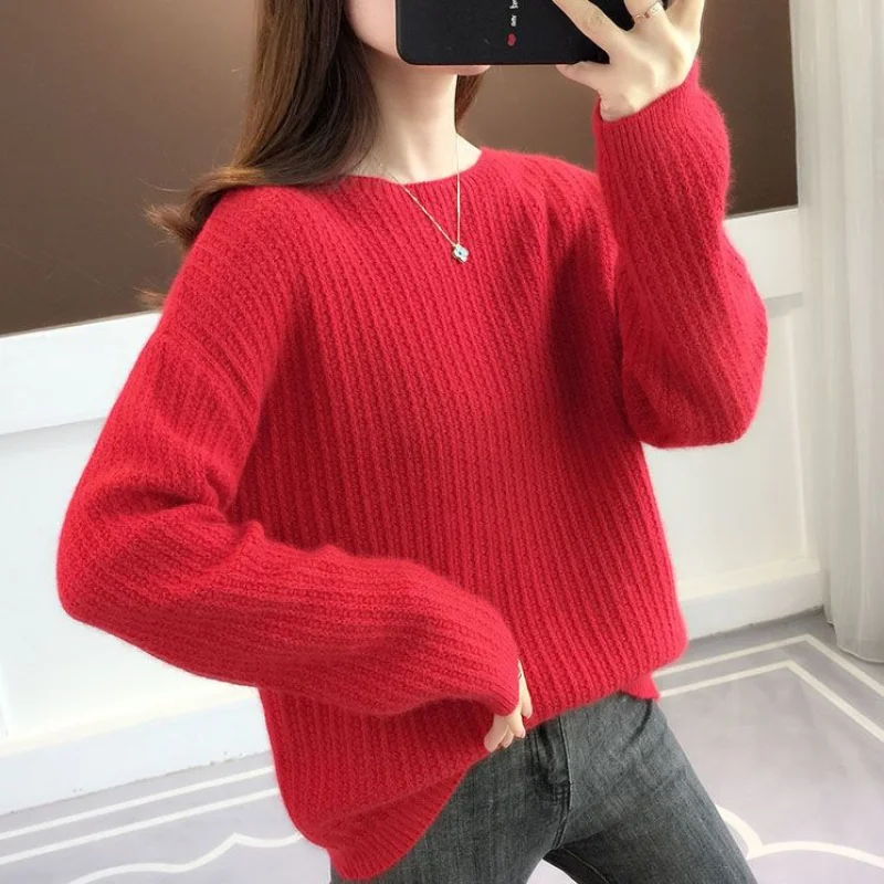 Comfortable Sweater Knitted Women's Clothing Autumn Winter Screw Thread Solid Color Round Neck Pullover Long Sleeve Tops