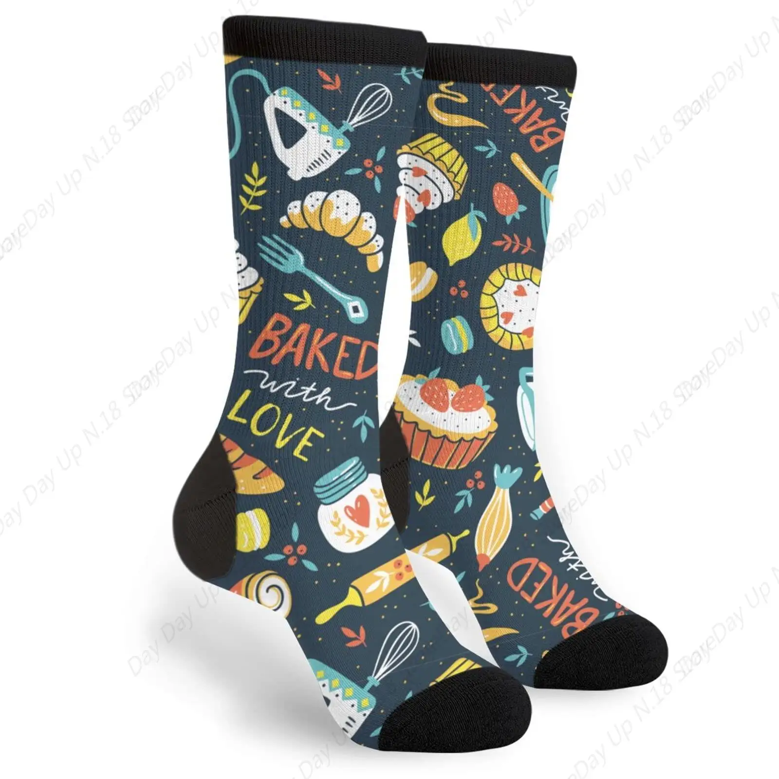 Bakery Dessert Chef Cooking Retro Illustration Novelty Fun Crew Socks Fashion Comfortable Men'S And Women'S Socks