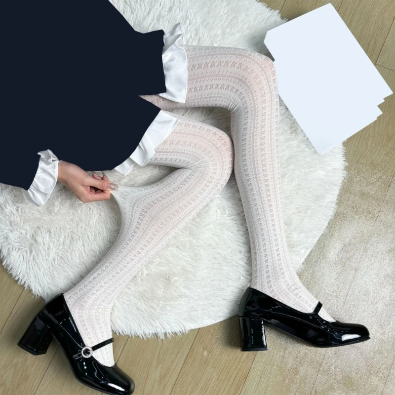 95AB Mulheres Bowknot Jacquard Padrão Collants Outono Estudantes Meias Meias