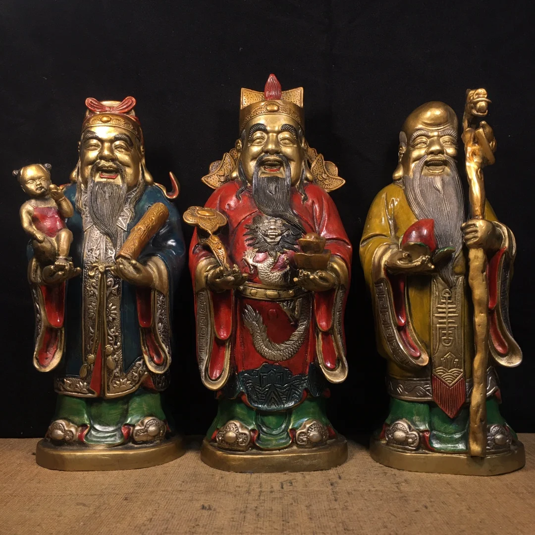 

13"Tibetan Temple Collection Old Bronze Painted Fu Lu Shou Three immortals Buddha Happiness longevity Worship Hall Town House