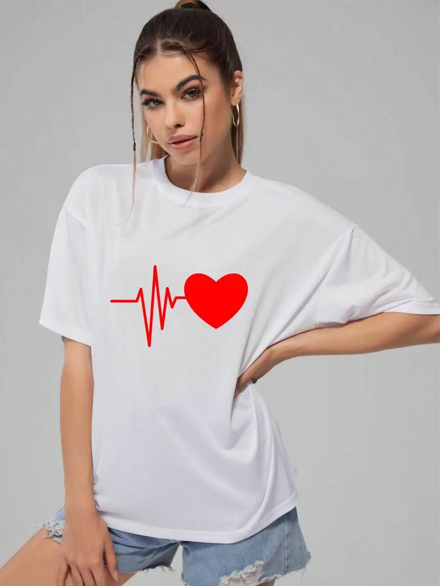 

Womens White Oversized T-Shirt With Red Heartbeat Graphic Print Crew Neck Casual Top