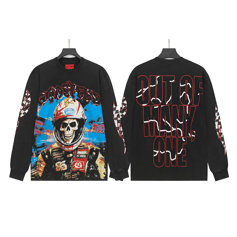 26ss New Speed Long Sleeve Skull Racing Logo T-shirt American Retro Streetwear Men's Clothing