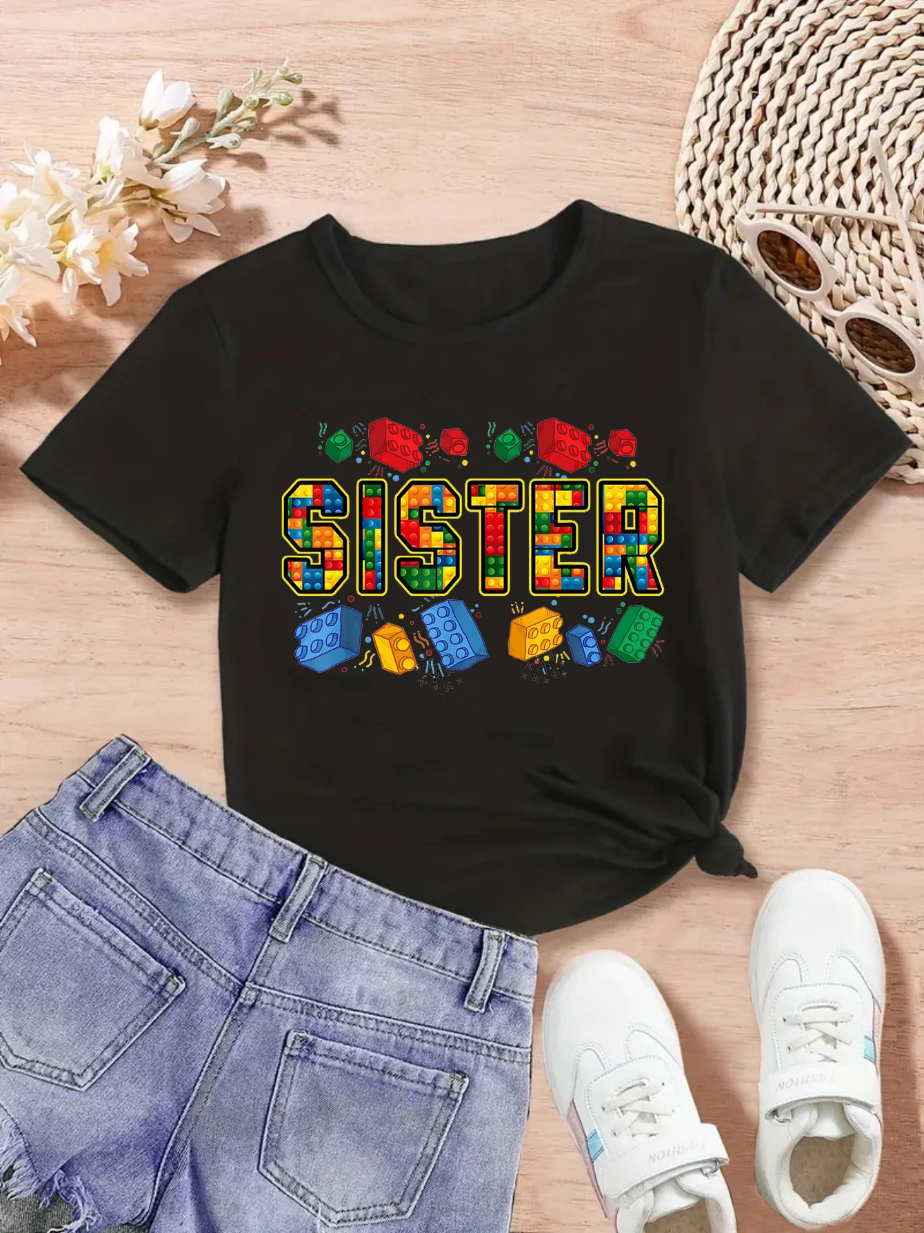 

Colorful Building Blocks Sister Printed T Shirt Girls Building Blocks Theme T-Shirt Kawaii Kids Clothes Short Sleeve Shirt