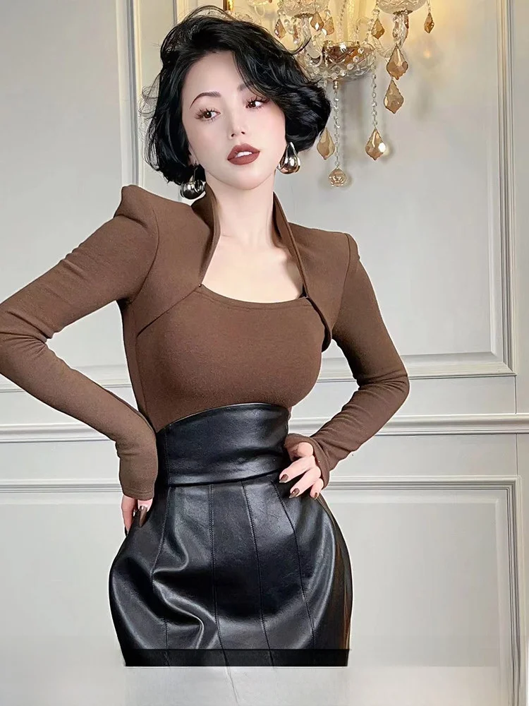 

LYXJ French Art Design Women's Slim Fit Knitted Base irt Padded oulder Stand Collar Vintage Sle Polyester Fiber Long Sl...