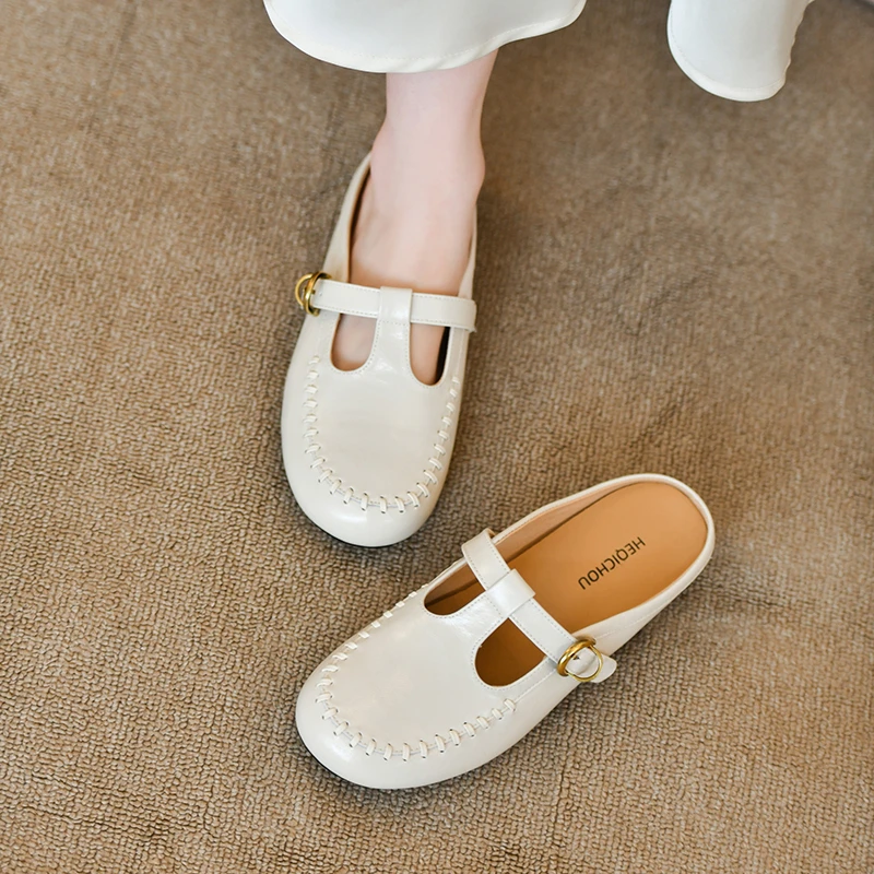 Fashion Sewing Flat Slippers Summer Pull on Women Mules Belt Buckle Ladies Slides Shoes Outdoor Casual Round Toe Moccasins New view 5