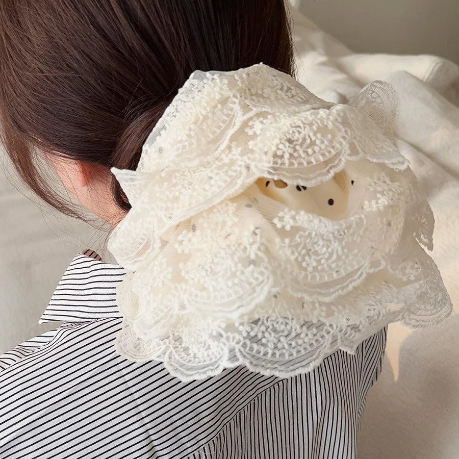 

Multi Layer Lace Polka Dot Scrunchie French Soft Style Premium Lazy Hair Tie for Low Ponytail Daily Beige