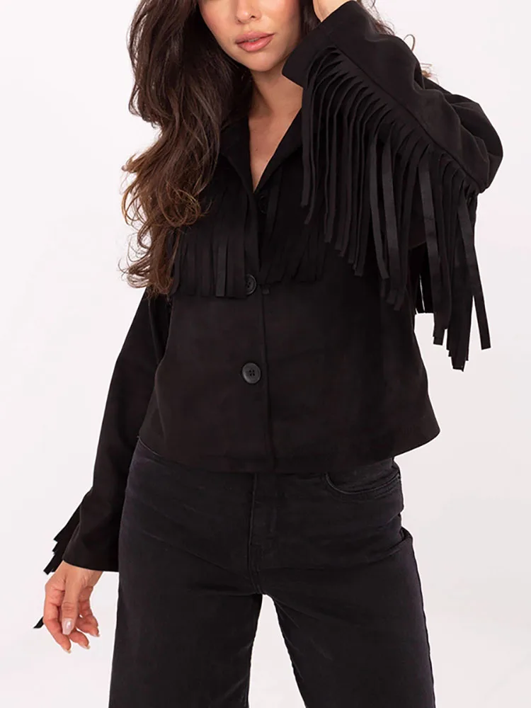 

Осеннее элегантное пальто с длинными рукавами и лацканами, модное короткое пальто с бахромой на пуговицах, зимняя повседневная однотонная свободная женская куртка