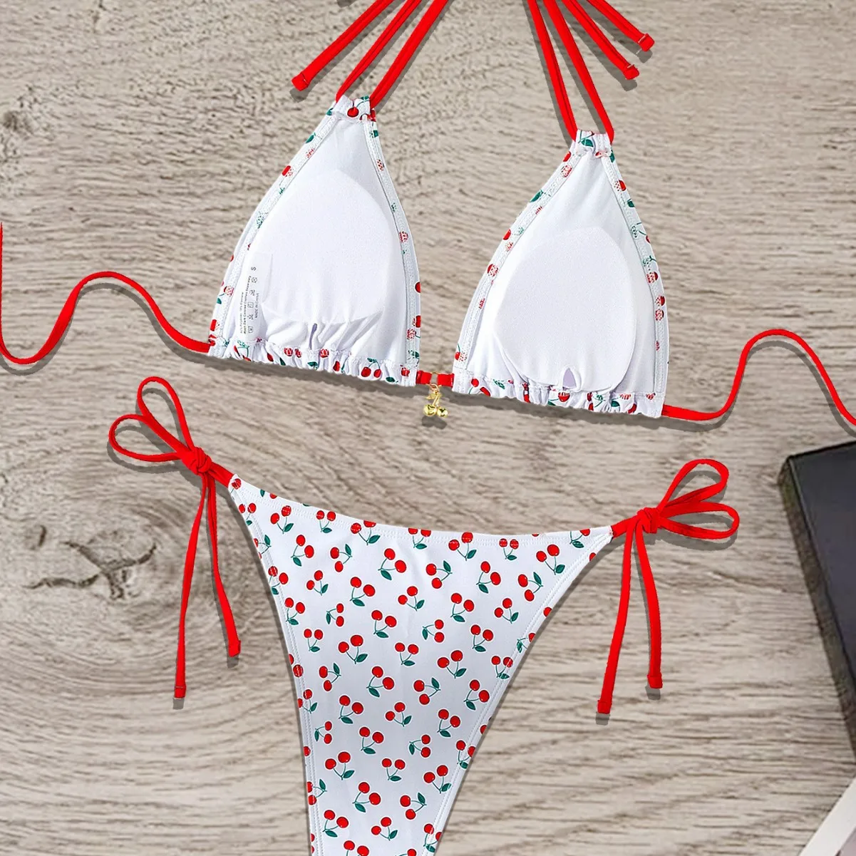 Hot Sale Cherry Printed Neck Strap Halter Sweet Bikini Swimsuit Swimwear Women's 2025 New