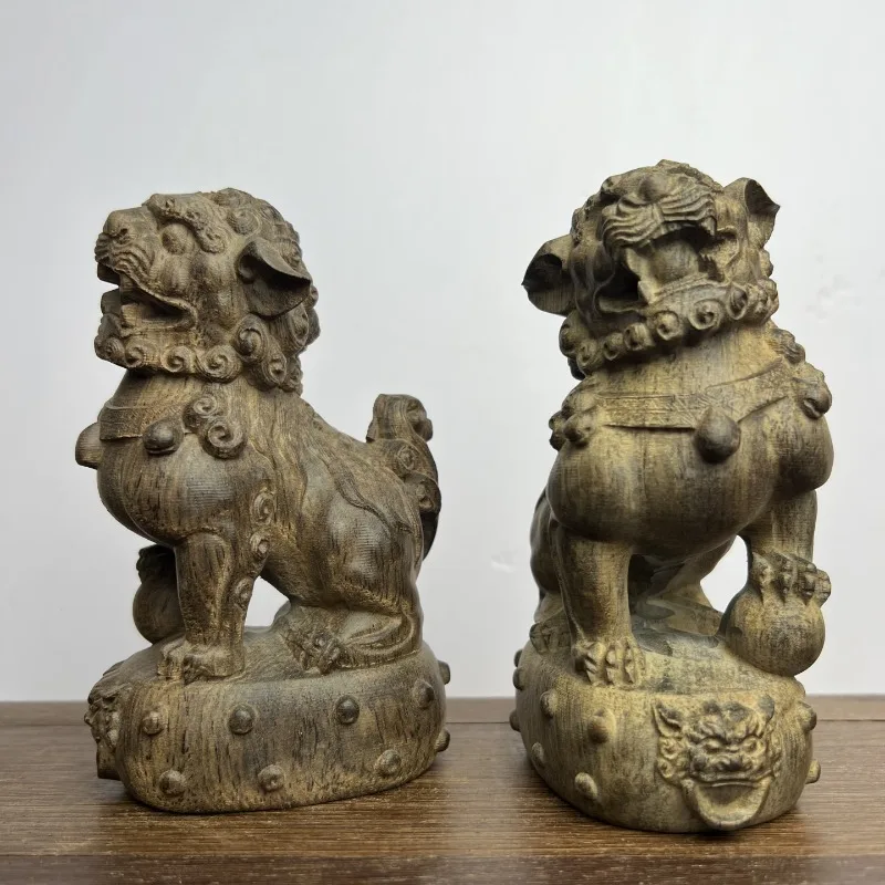 Hand-Carved Agarwood Foo Dog Lion Pair - 5.3