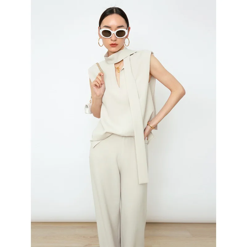 YAXILAN-Elegant Solid Shirt for Women, Lace Up Collar, Sleeveless, Cut Out, Loose Blouses, Female Fashion Clothing, Summer Style