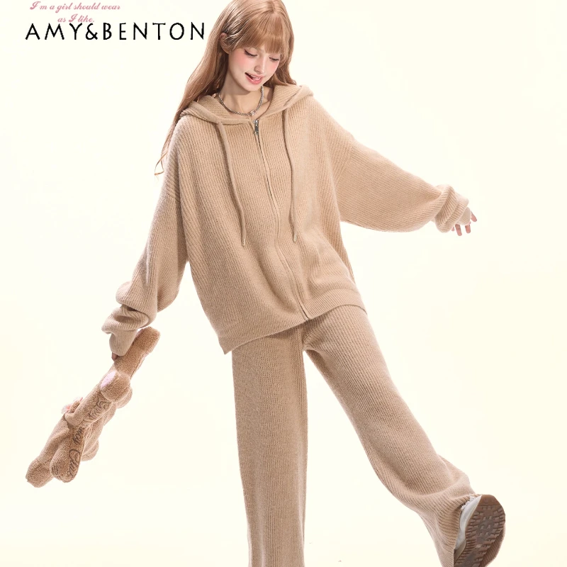 2025 Autumn New Khaki Hooded Zipper Women's Knitted Sweater Korean Retro Design Loose Slimming Wide-Leg Long Pants Set Ladies