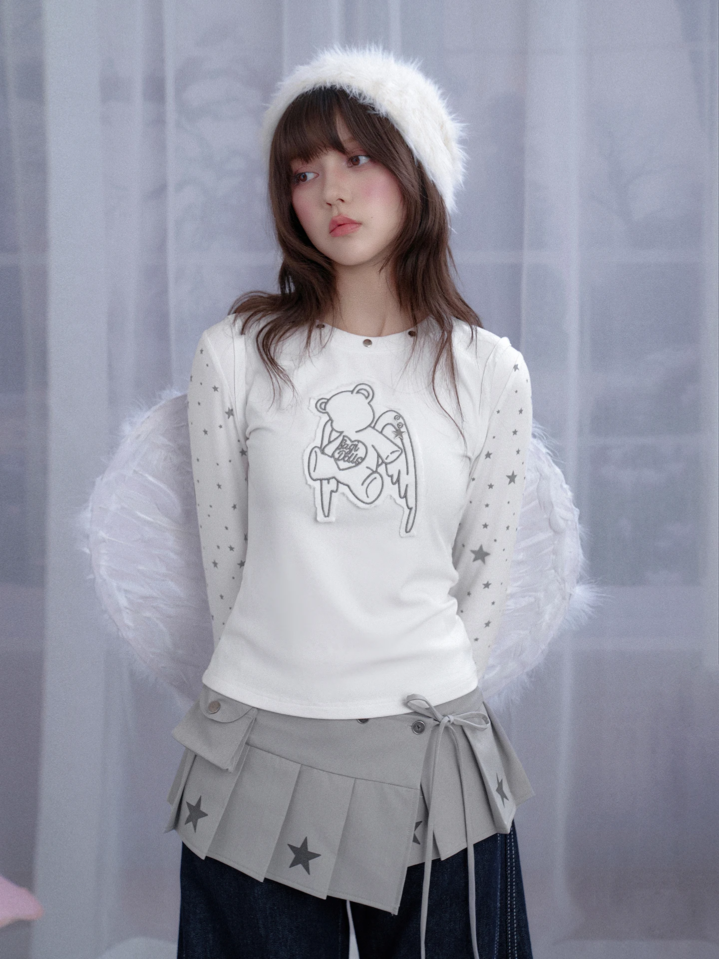 

SagiDolls Angel Bear Patchwork Long Sve T-irt Sweet Dry White Star Fairy Girl's Faion Cotton Blend Comfortable Top