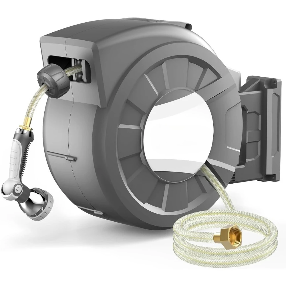 تصميم مبتكر - بكرة خرطوم حديقة قابلة للسحب، بكرة خرطوم مثبتة على الحائط 1/2 بوصة × 125 قدم، فوهة رش 10 أنماط، أي قفل بطول #1