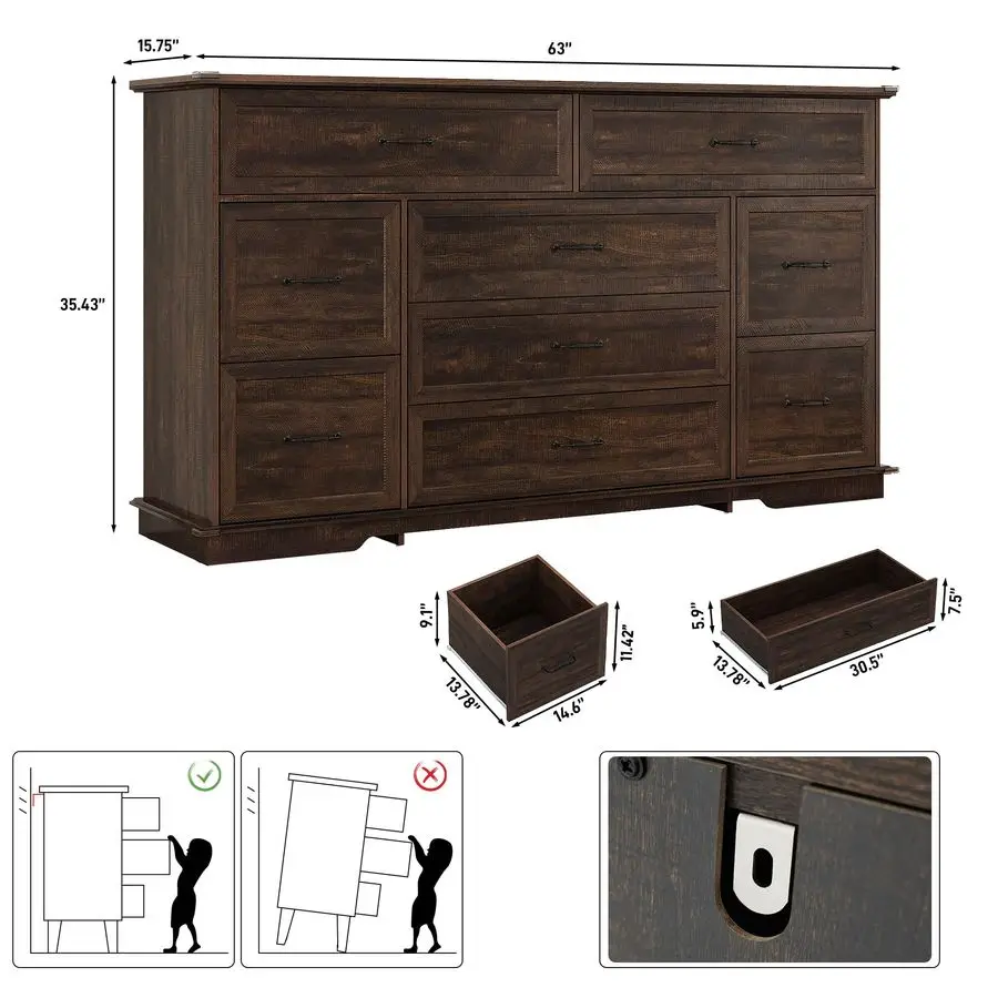 Commode à 9 tiroirs pour chambre à coucher, commode en bois 63 avec prises de courant, grandes commodes larges pour chambre à coucher, hauteur S