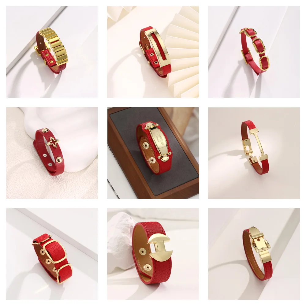 

Women's Red Leather Bracelet Adjustable Fashion Wristband Punk Style Jewelry for Girls Ladies Birthday Christmas Gift Accessory