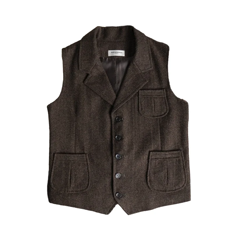 Autumn and Winter Retro Herringbone Vest Men's Suit Collar Vest Slim European and American Khaki Tweed Vest