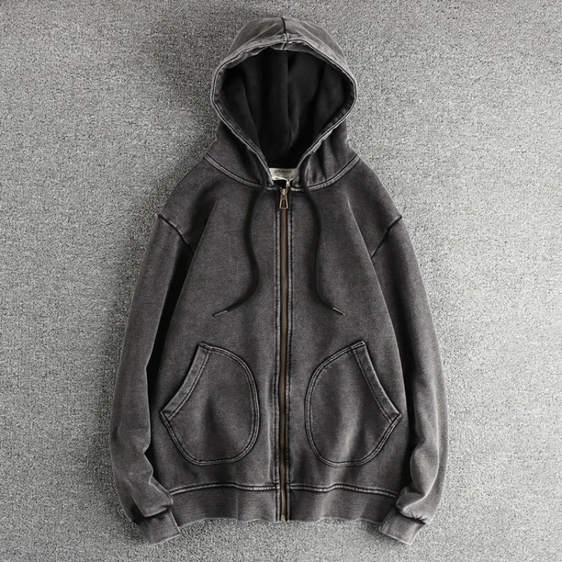 2026 Autumn New Cotton Washed Retro American High Street Hoodie for Men Winter Thick Warm Zipper Hoodie Sweatshirt Streetwear