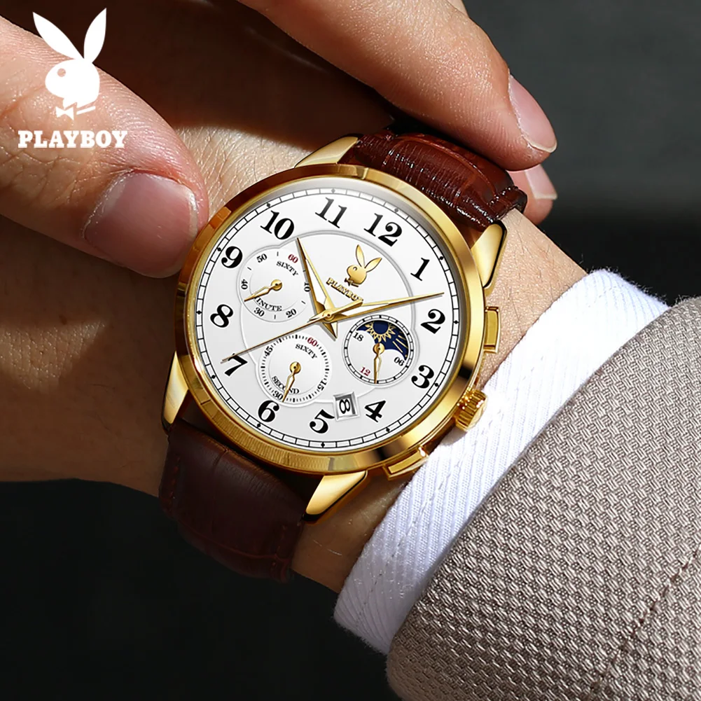 PLAYBOY High Quality Original Quartz Watch for Men Elegant Fashion Men\'s Wrist Watches Waterproof Leather Strap Luxury Man Watch