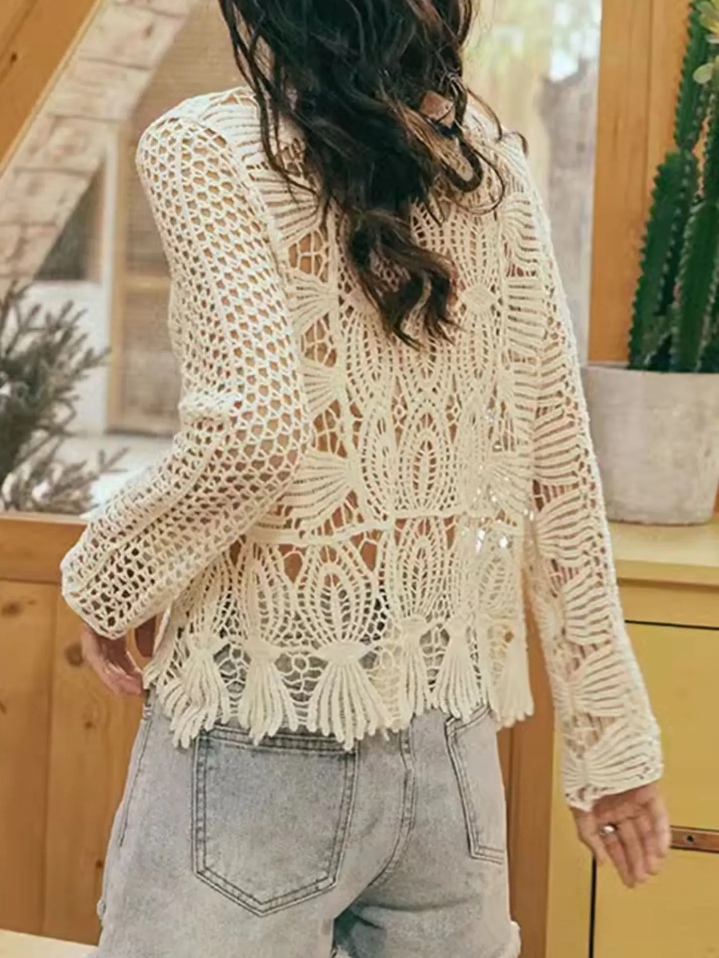 2025 Autumn Holiday Handmade Crochet Hollow Knit Pullover V-Neck Long Sleeve Tassel Lace Bohemian Beach Cover-up Top