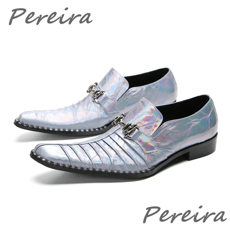 

Glossy Men's Dress Shoes Metal Buckle Casual Business Shoes Silver Gold Genuine Leather Slip On Loafers Party Wedding Shoes