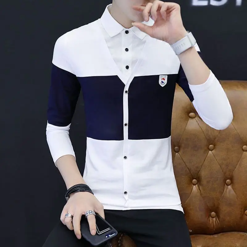 Autumn Men's Slim Fit Polo Shirt Long Sleeve 100% Cotton Korean Inspired Design Turn Down Collar Stylish Casual Top