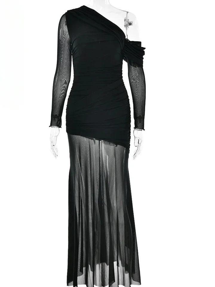 Siateczkowe, prześwitujące sukienki maxi z jednym ramieniem i długim rękawem dla kobiet, eleganckie sukienki na wiosnę, na wieczorne przyjęcia.