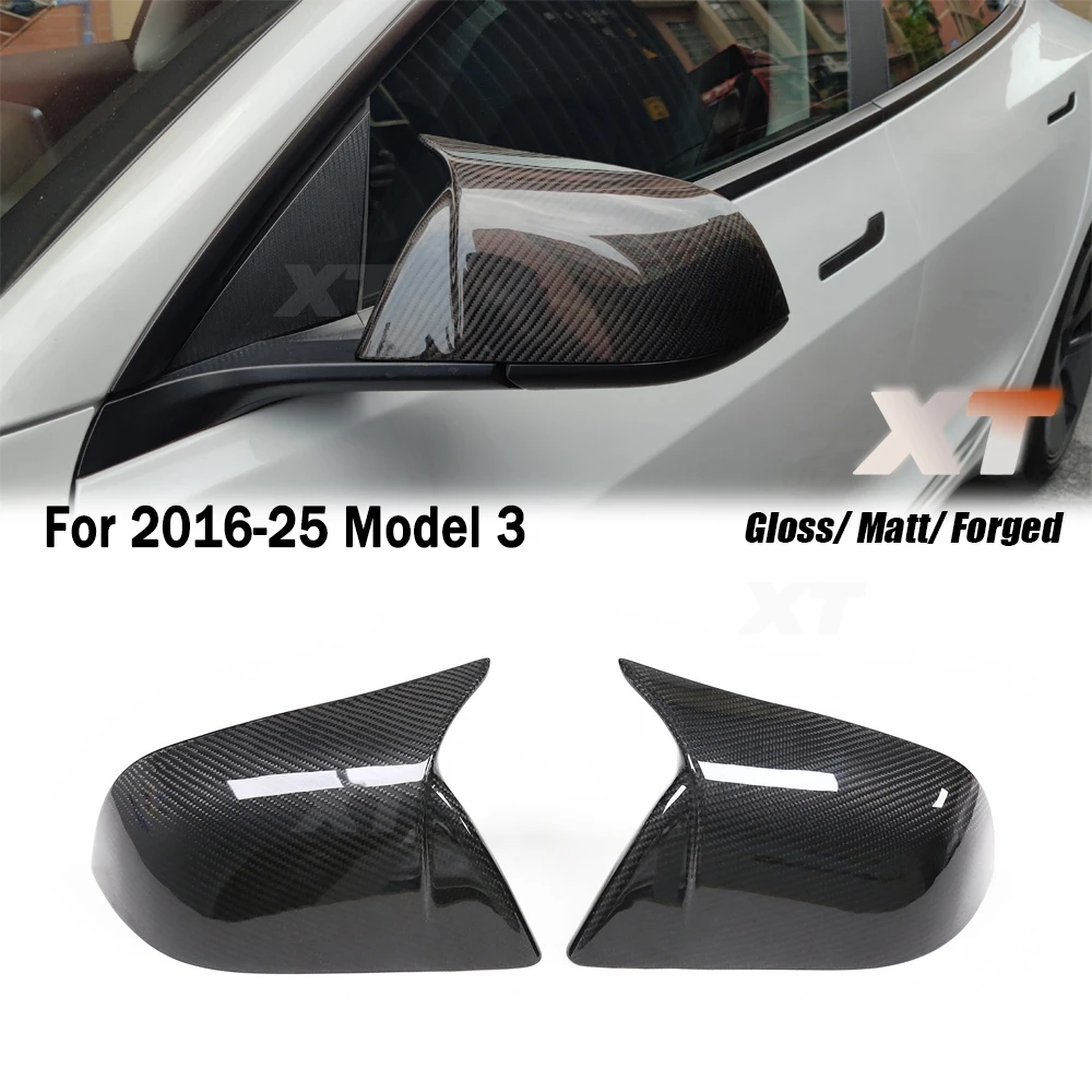 

Forged Matt For Tesla 2016-25 Model 3 Dry Carbon Fiber Horn M look Mirror Cover Sharp Side Rearview Caps Stick on Type